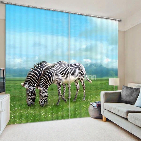 3d Couple Zebras On The Grassland Printed 2 Panels Dust-proof And Blackout Curtain