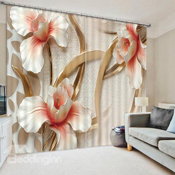 3d Craved White Peony Flowers Printed Polyester Custom Curtain For Living Room