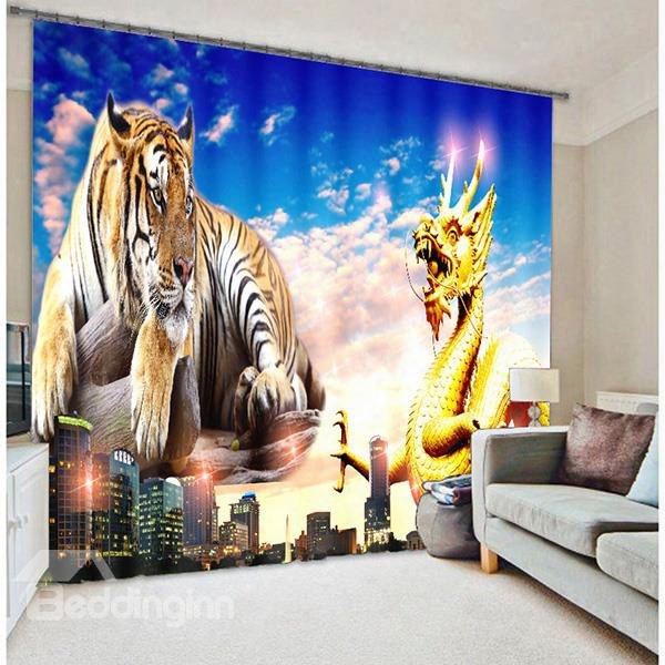 3d Creative Dragon And Tiger Printed Animal Scenery With Tall Buildings Blackout Curtain