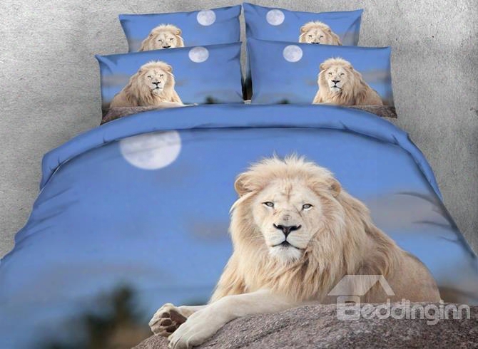 3d Crouching Lion Under Moonlight Printed 5-piece Comforter Sets