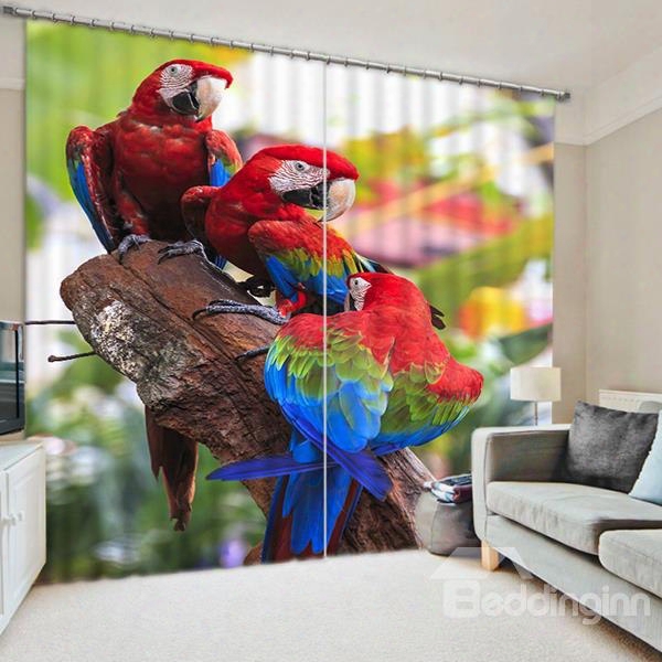 3d Cute Colored Parrots Printed Animal Style 2 Pieces Decorative Blackout Curtain