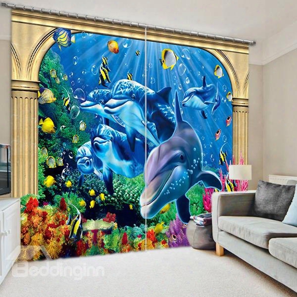 3d Cute Dolphins And Golden Fishes Printed Sea World 2 Panels Shading Curtain