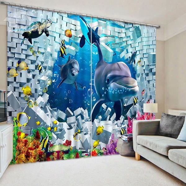 3d Cute Dolphins And Turtle Playing With Golden Fishes Printed Blackout Curtain
