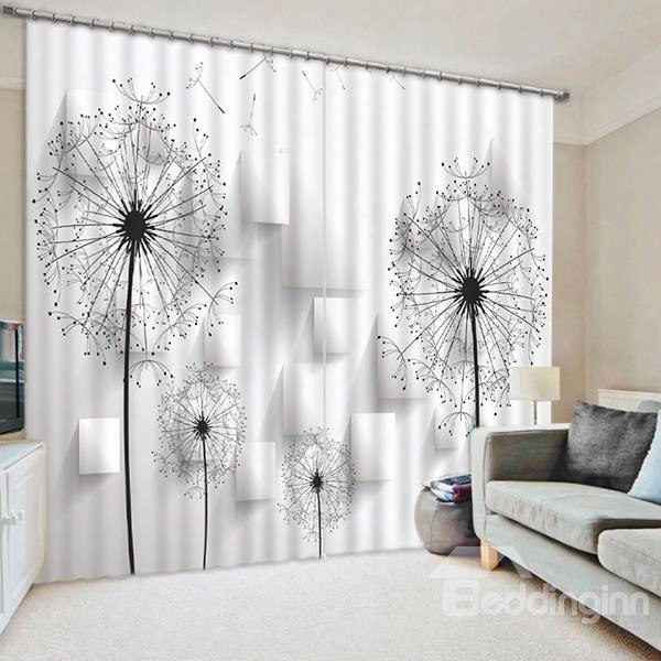 3d Dandelions Printed Pastoral Style Custom White And Black Curtain For Living Room