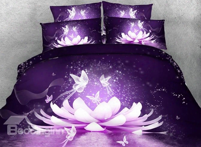 3d Dreamy Lotus And Butterfly Printed 5-piece Comforter Sets