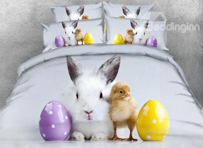 3d Easter Rabbit And Chick Printed Cotton 4-piece Bedding Sets/duvet Covers