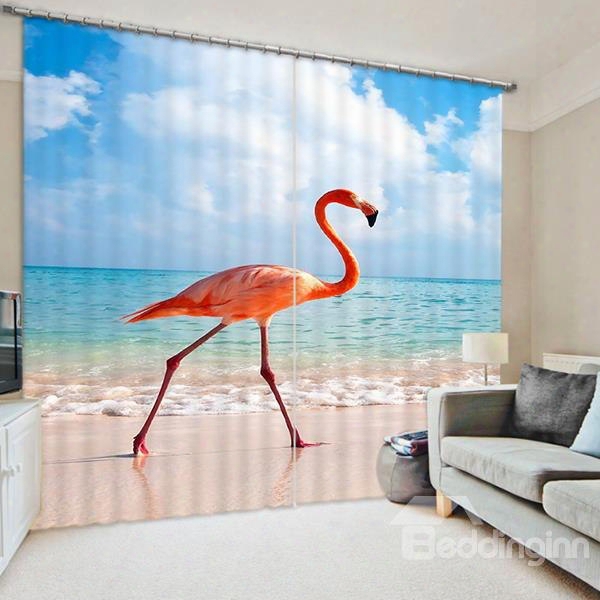 3d Elegant Flamingo On The Beach Printed 2 Pieces Decorative And Blackout Curtain