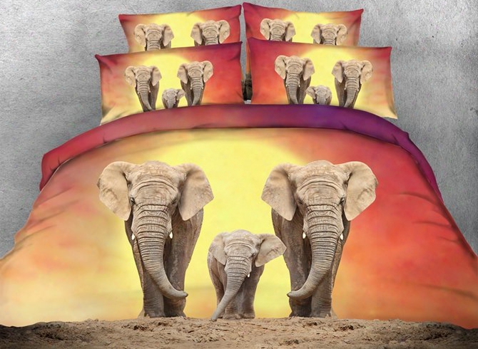 3d Elephant Family Printed Cotton 4-piece Bedding Sets/duvet Covers