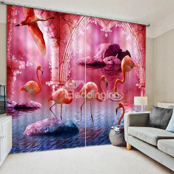 3d Flamingos Printed Vivid Purple Wonderful Scenery Blackout And Blckout Polyester Curtain