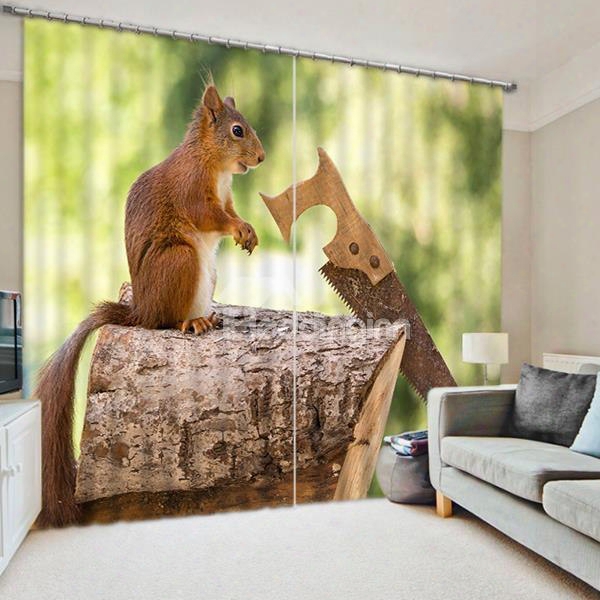 3d Funny Squirrel Sawing Wood Printed Decorative And Blackout Thick Polyester Curtain