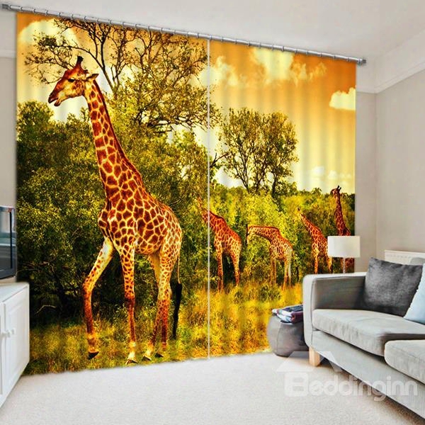 3d Giraffes And Green Trees Printed Thick Polyester 2 Panels Custom Curtain
