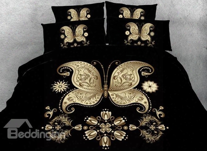 3d Golden Butterfly Printed Black 4-piece Bedding Sets/duvet Covers