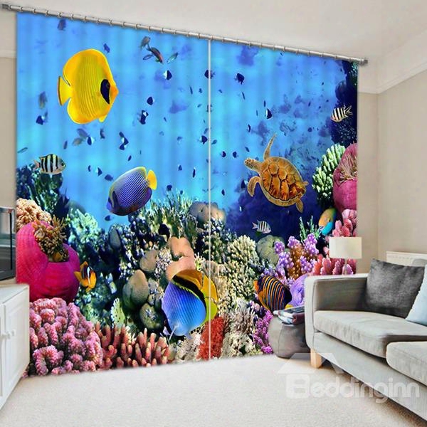 3d Golden Fishes Turtle And Corals Printed Underwater World Custom Decorative Curtain