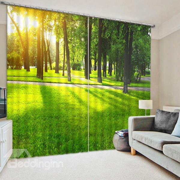 3d Green Trees And Bright Daylight Printed 2 Panels Custom Blackout Curtain