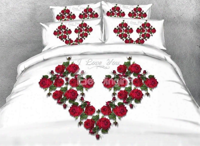 3d Heart-shaped Red Roses Printed Cotton 4-piece White Bedding Sets/duvet Cover