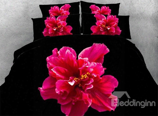 3d Hot Pink Flower Printed Cotton 4-piexe Black Bedding Sets/duvet Cover