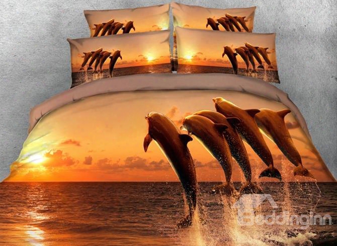 3d Jumping Dolphins Under Sunset Printed 5-piece Comforter Sets