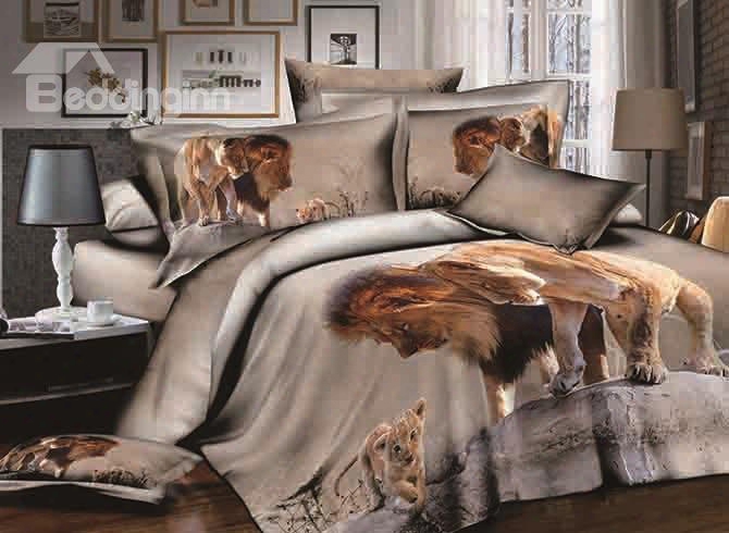 3d Lion And Cub Printed Cotton 4-piece Bedding Sets/duvet Covers