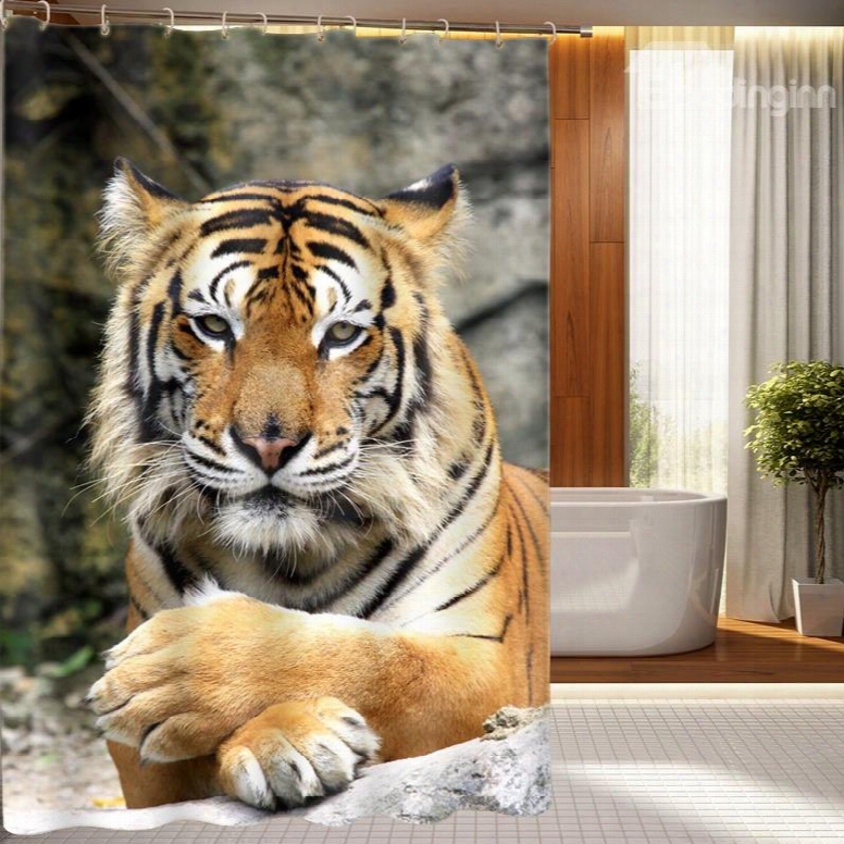 3d Lying Siberian Tiger Printed Polyester Brown Shower Curtain
