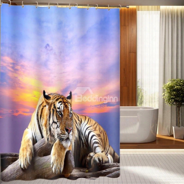 3d Lying Tiger Under The Sunset Printed Polyester Shower Curtain