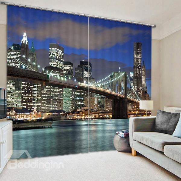 3d New York Bridge Night Scenery Printed Thick Polyester Blaackout And Decorative Curtain