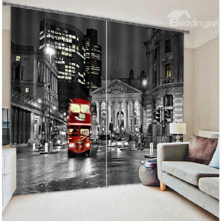 3d Night City Bus Printed Polyester Modern Style Decoration Custom Curtain For Living Room