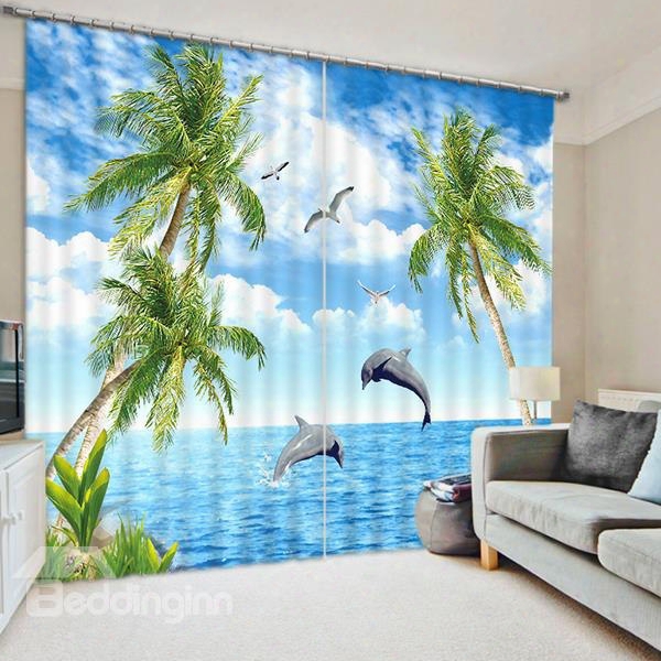 3d Pam Trees With Wonderful Dolphins In The Sea Printed Custom Blackout Living Room Curtain