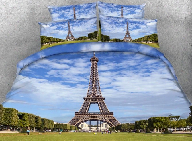 3d Paris Eiffel Tower Under Blue Sky Printed Cotton 4-piece Bedding Sets