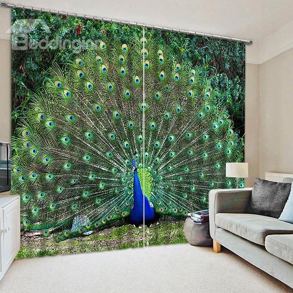 3d Peacock With Opening Tail Printed Ainmal Style Blackout And Decoration Polyester Curtain