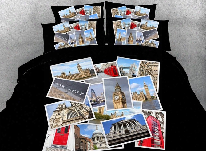 3d Photos Of British Attractions Printed Cotton 4-piece Black Bedding Sets/duvet Covers