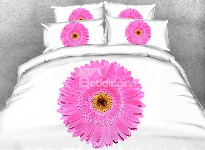 3d Pink Daisy Printed Cotton 4-piece White Bedding Sets/duvet Covers