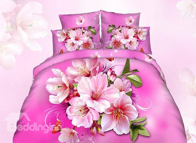 3d Pink Peach Blossom Printed Cotton 4-piece Bedding Sets/duvet Cover