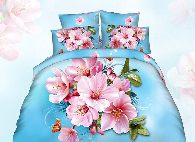 3d Pink Peach Blossom Printed Cotton 4-piece Blue Bedding Sets/duvet Co Ver