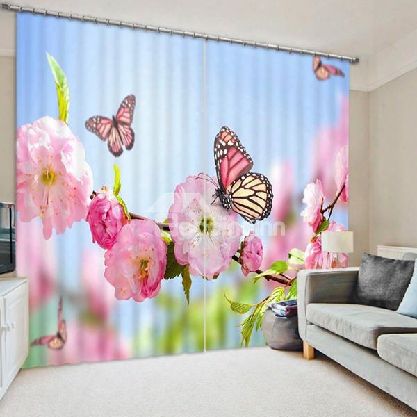 3d Pink Peach Flowers And Butterflies Printed 2 Pieces Blackout And Dust-proof Curtain