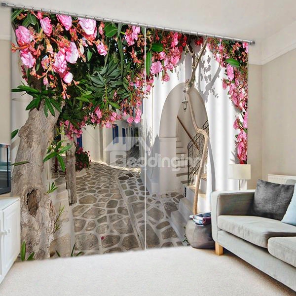 3d Pink Peach Flowers And White Corridor Printed Decorative And Shading Custom Curtain