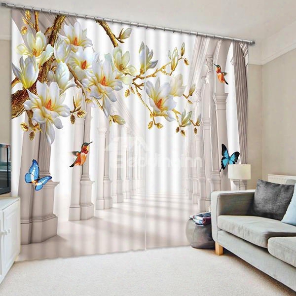 3d Printed Colorful Butterflies And Blooming Magnolia With Irds Custom Room Curtain