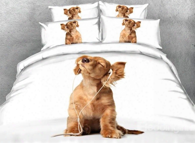 3d Puppy Listening To Music Printed 5-piece Comforter Sets