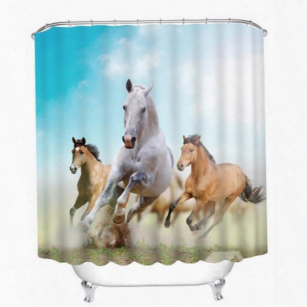 3d Racing Horses Printed Polyester Light Blue Bathroom Shower Curtain