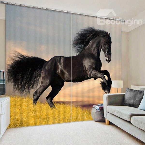 3d Running Black Horse Printed Wonderful Scenery 2 Panels Decorative Custom Curtain
