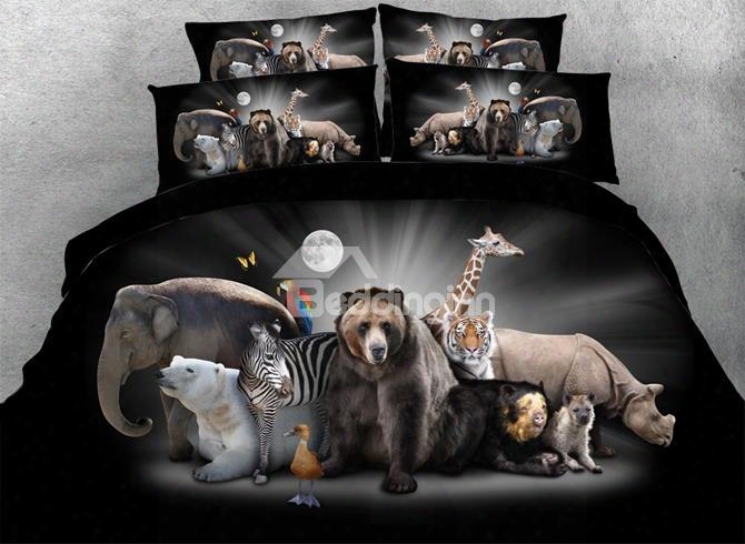 3d Safari Animal Printed Cotton 4-piece Black Bedding Sets/duvet Covers