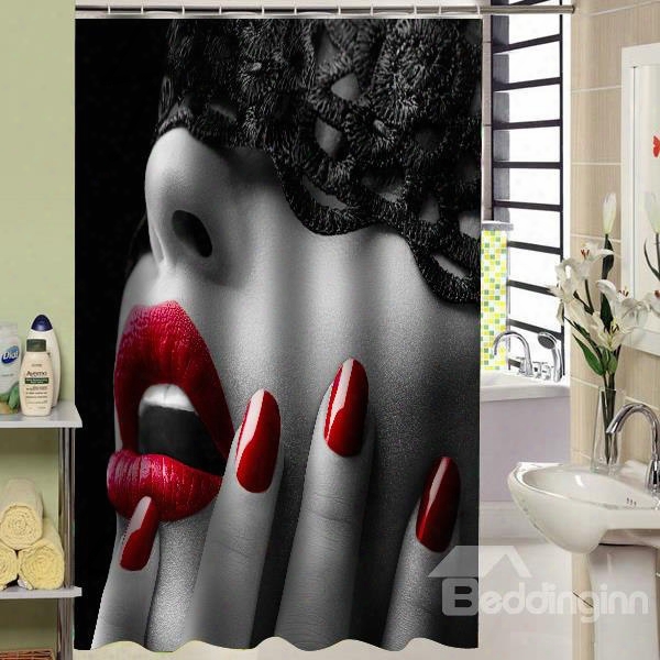 3d Sexy Girl With Red Lips Printed Polyester Bathroom Shower Curtain