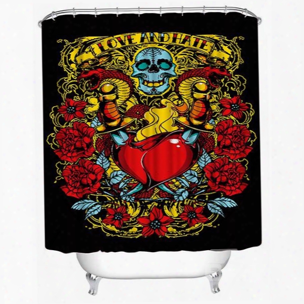 3d Skull And Heart Printed Polyester Black Shower Curtain