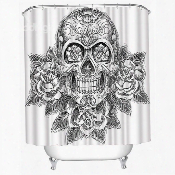 3d Skull And Roses Printed Polyester White Shower Curtain