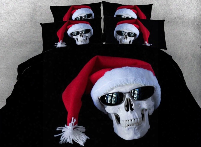 3d Skull With Christmas Cap Printed Cotton 4-piecce Black Bedding Sets/duvet Covers