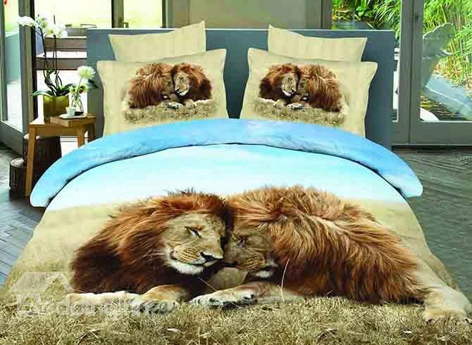3d Snuggling Lion Couple Printed Cotton 4-piece Bedding Sets/duvet Covers