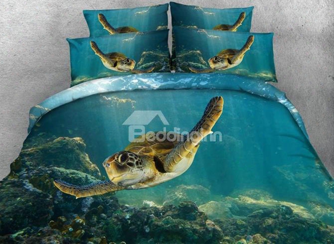 3d Swimming Turtle Blue Ocean Printed 5-piece Comforter Sets