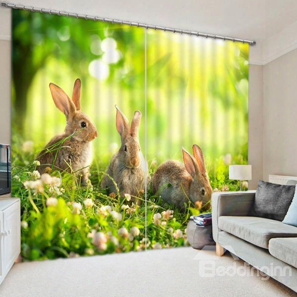 3d Three Cute Rabbits On The Grassland Printed Thick Polyester Living Room Blackout Curtain