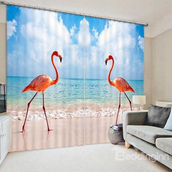 3d Two Symmetrical Flamingos On The Beach Printed Wonderful Scenery 3d Curtain
