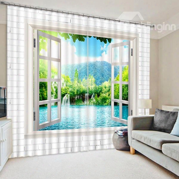 3d Waterfall And Green Treees Printed Thick Polyester Natural Scenery Blackout Curtain