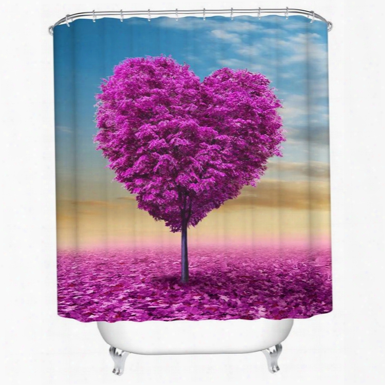 3d Waterproof Purple Heart Shape Tree Printed Polyester Shower Curtain